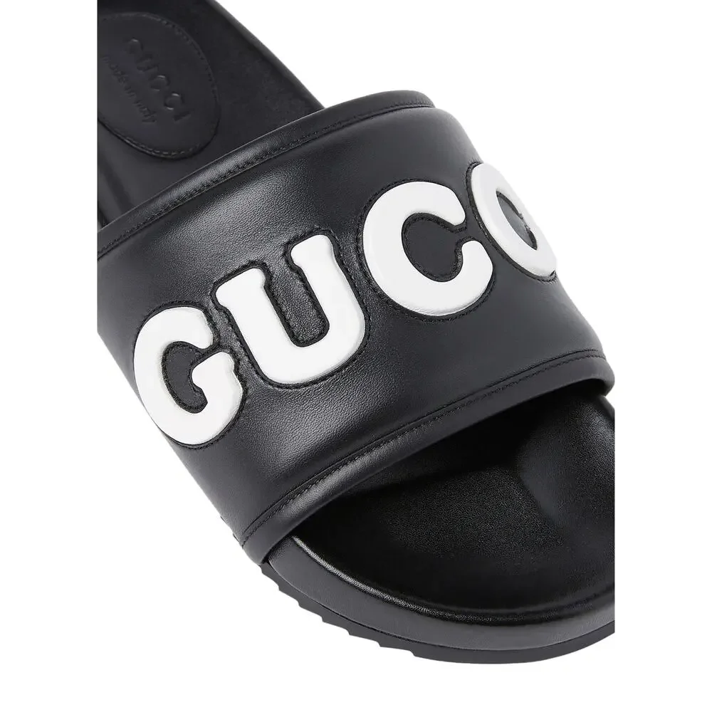 Authentic GUCCI Jumbo Logo Leather Slide Sandals Black Men's Size 8 | US 8.5 NWT